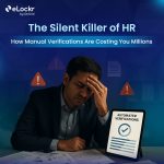 Stressed HR professional surrounded by documents, highlighting the burden of manual verification, with a tablet showing automated verification.